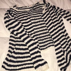 Navy and white chunky knit cardigan.